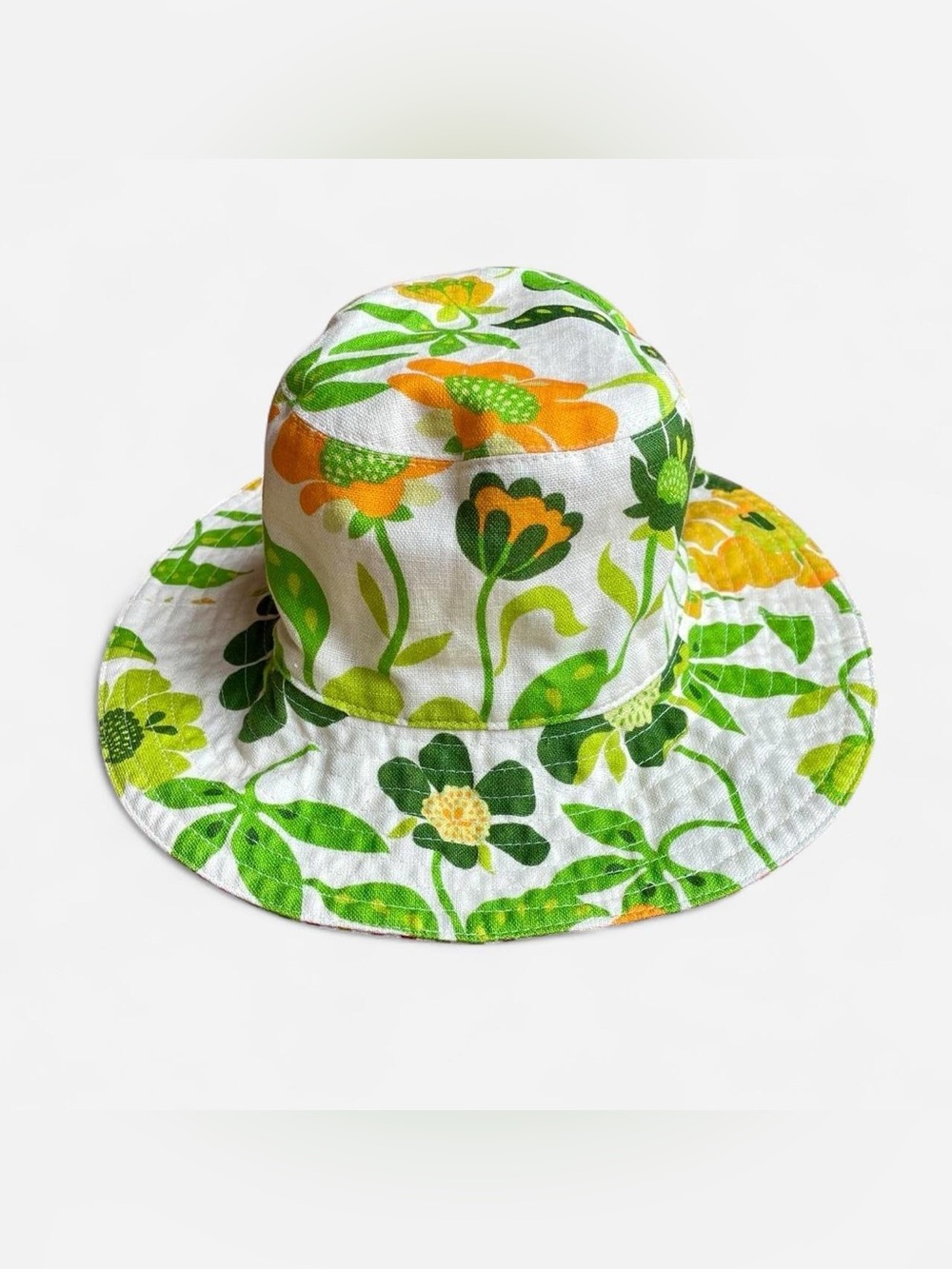 Vintage reversible floral and striped cotton brimmed sun hat
